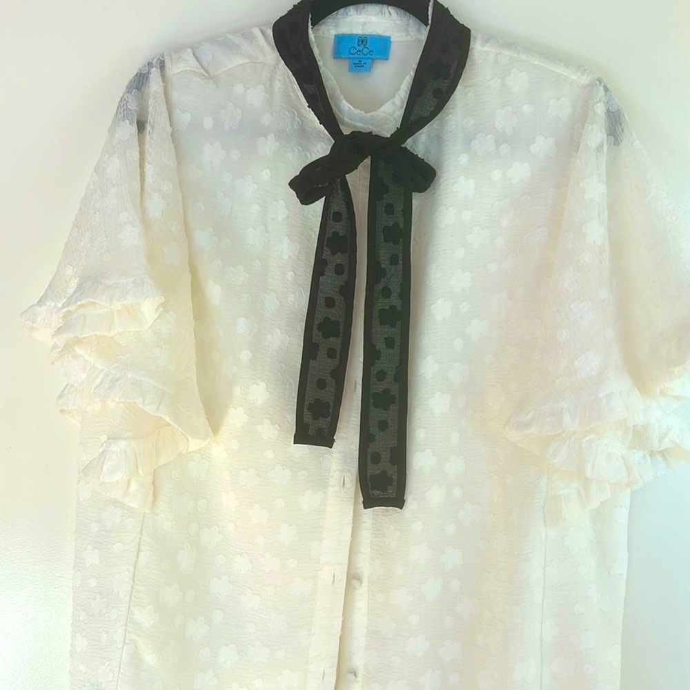 Cece Top with Flutter Sleeves and Tie Neck Detail